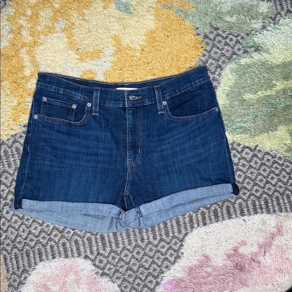 Levi's Mid Length Rolled Cuff Dark Blue Jean Shorts size 30